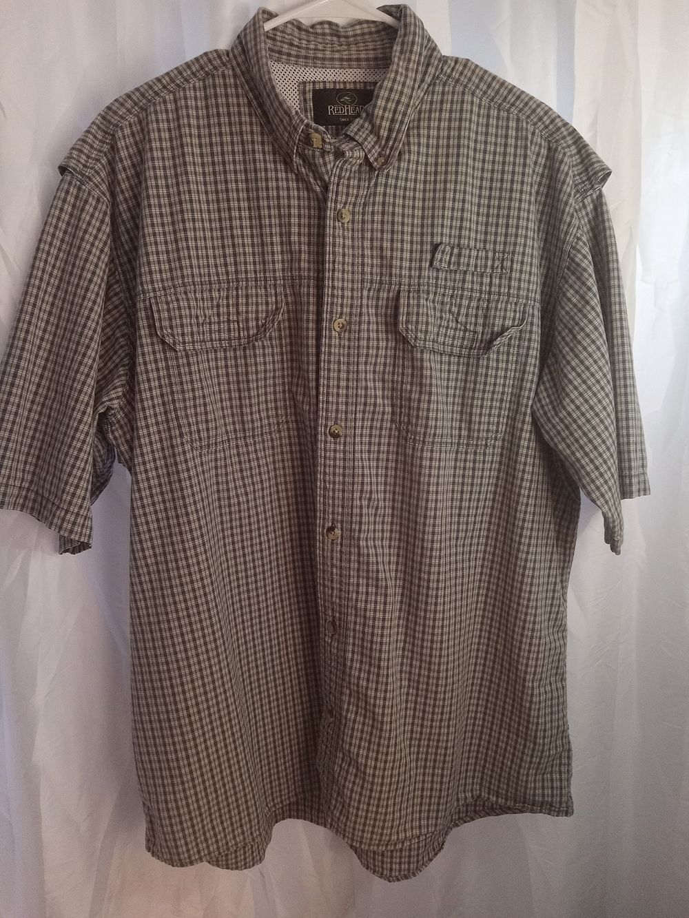 RedHead Men's Button-Down Short Sleeve Shirt - Olive and Blue Plaid
